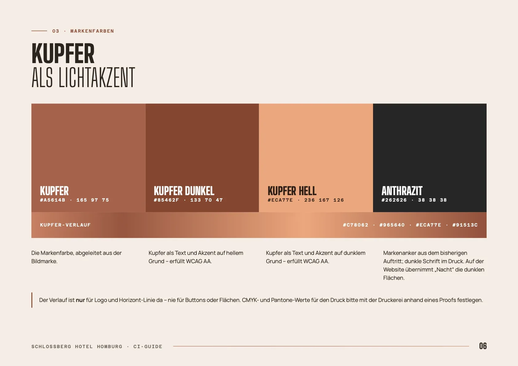 Leitfaden-Seite mit den Farbfeldern Kupfer, Kupfer dunkel, Kupfer hell und Anthrazit samt HEX- und RGB-Werten, darunter der Kupfer-Verlauf
