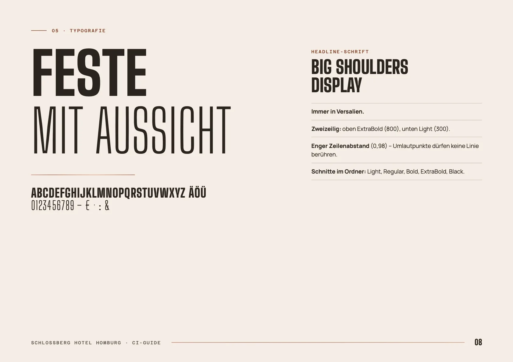 Leitfaden-Seite mit der Headline „Feste mit Aussicht" in Big Shoulders Display, zweizeilig kräftig und leicht, daneben die Regeln für die Headline-Schrift