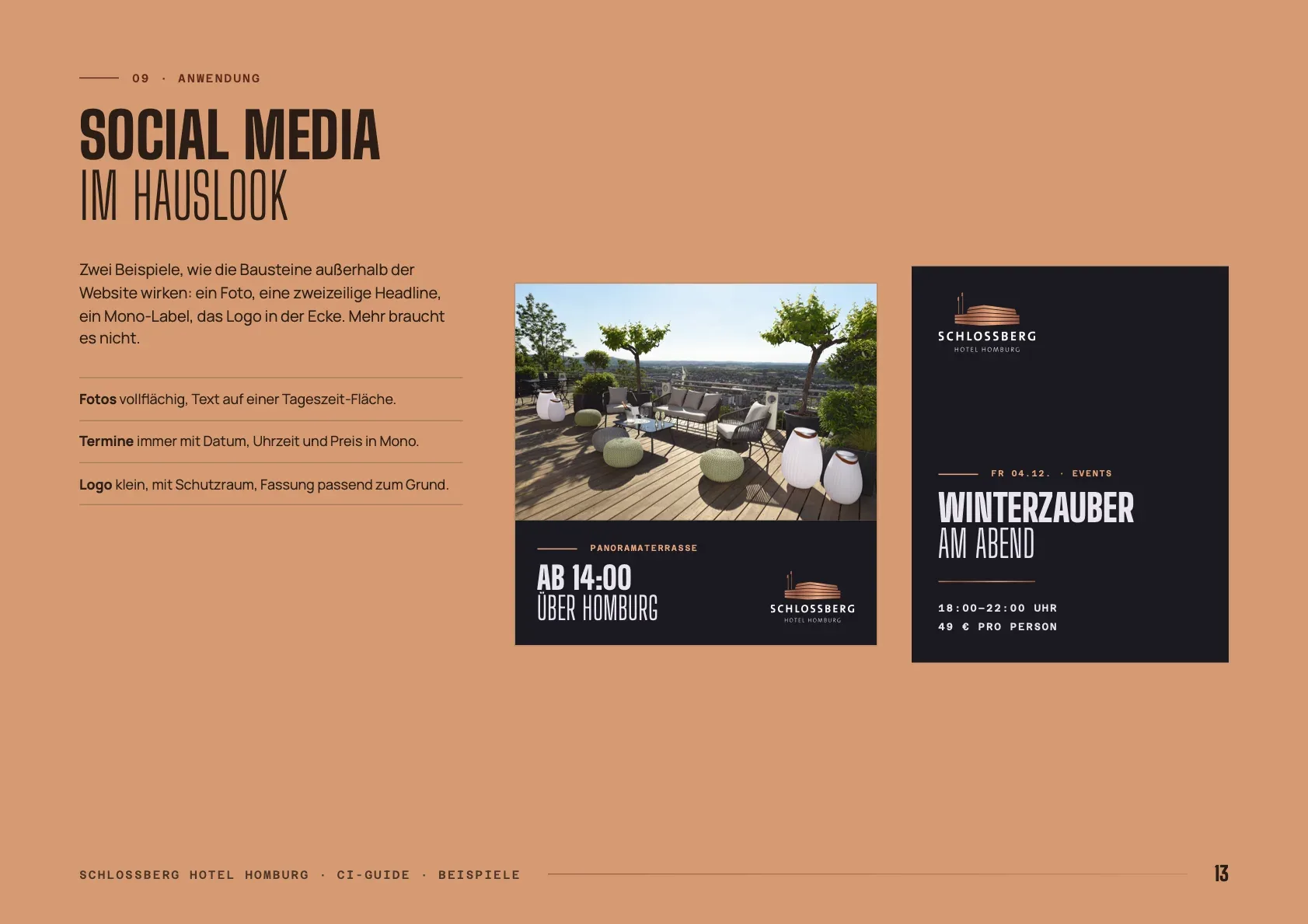 Leitfaden-Seite mit zwei Social-Media-Beiträgen im Hauslook, einem Foto der Panoramaterrasse mit Headline und einem Veranstaltungshinweis auf dunklem Grund