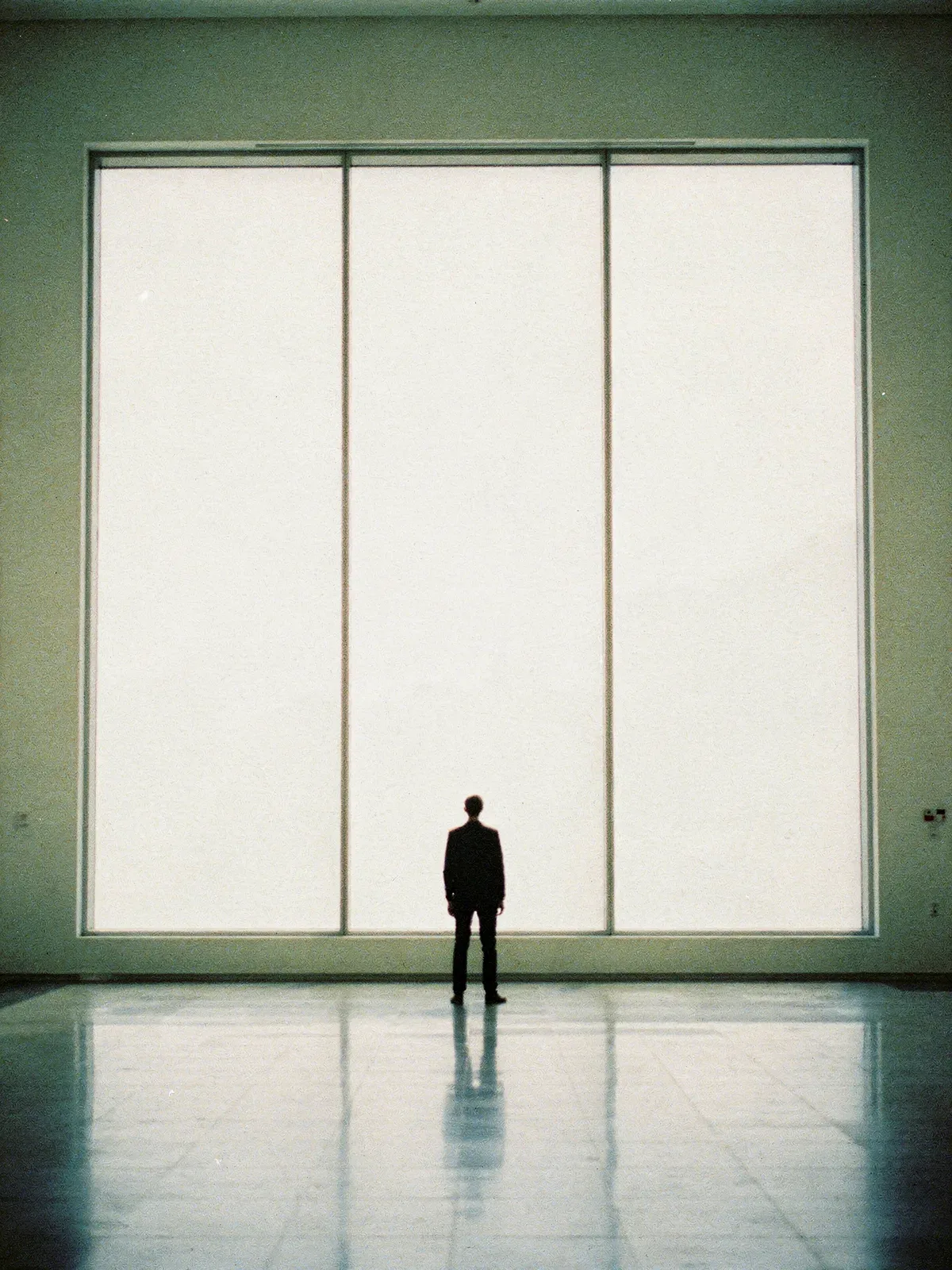 Eine Person von hinten als dunkle Silhouette vor einer raumhohen hellen Fensterfront, KI-generiert