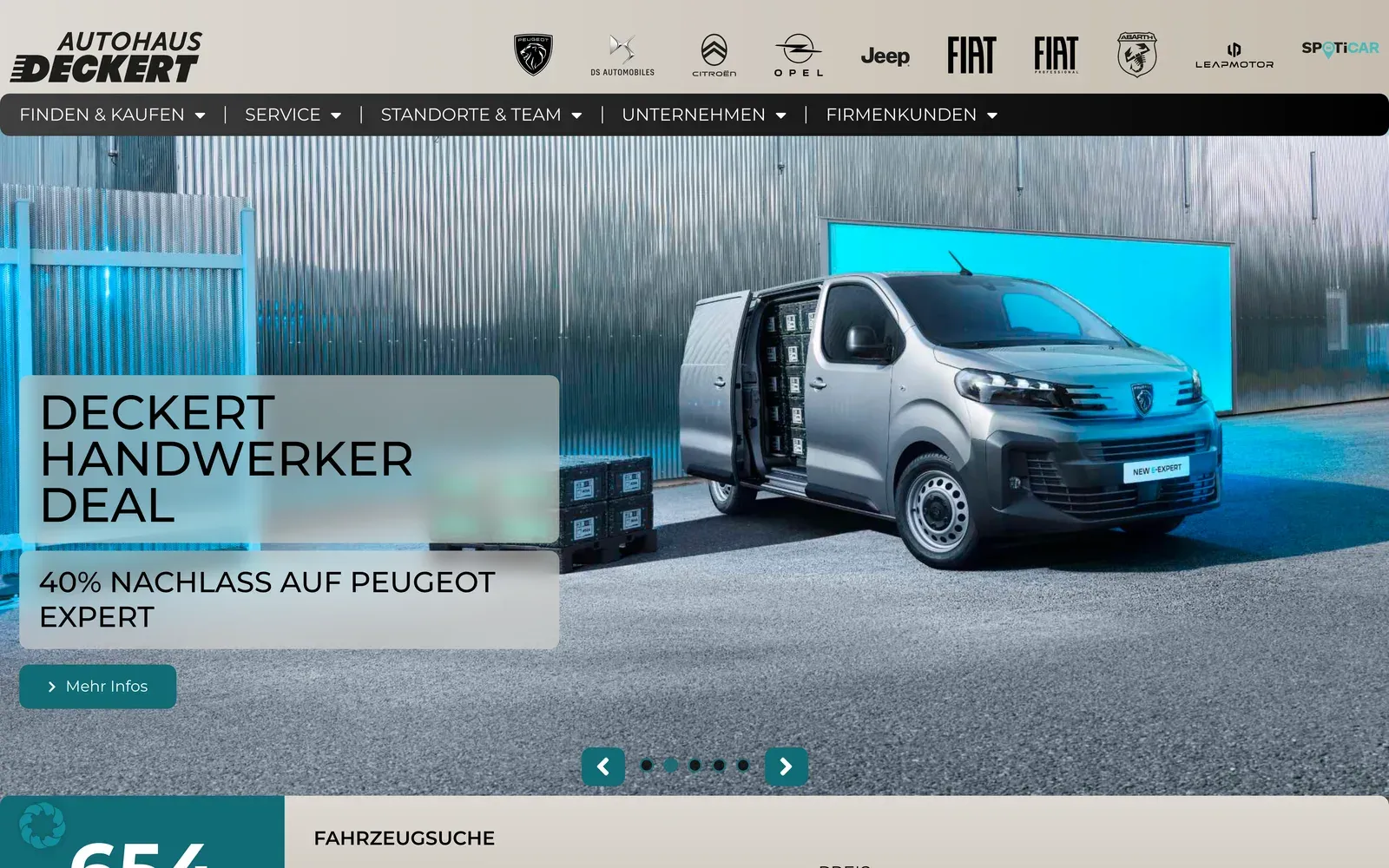 Startseite des Autohaus Deckert mit Markenleiste im Kopf und einem großflächigen Angebot für Firmenkunden