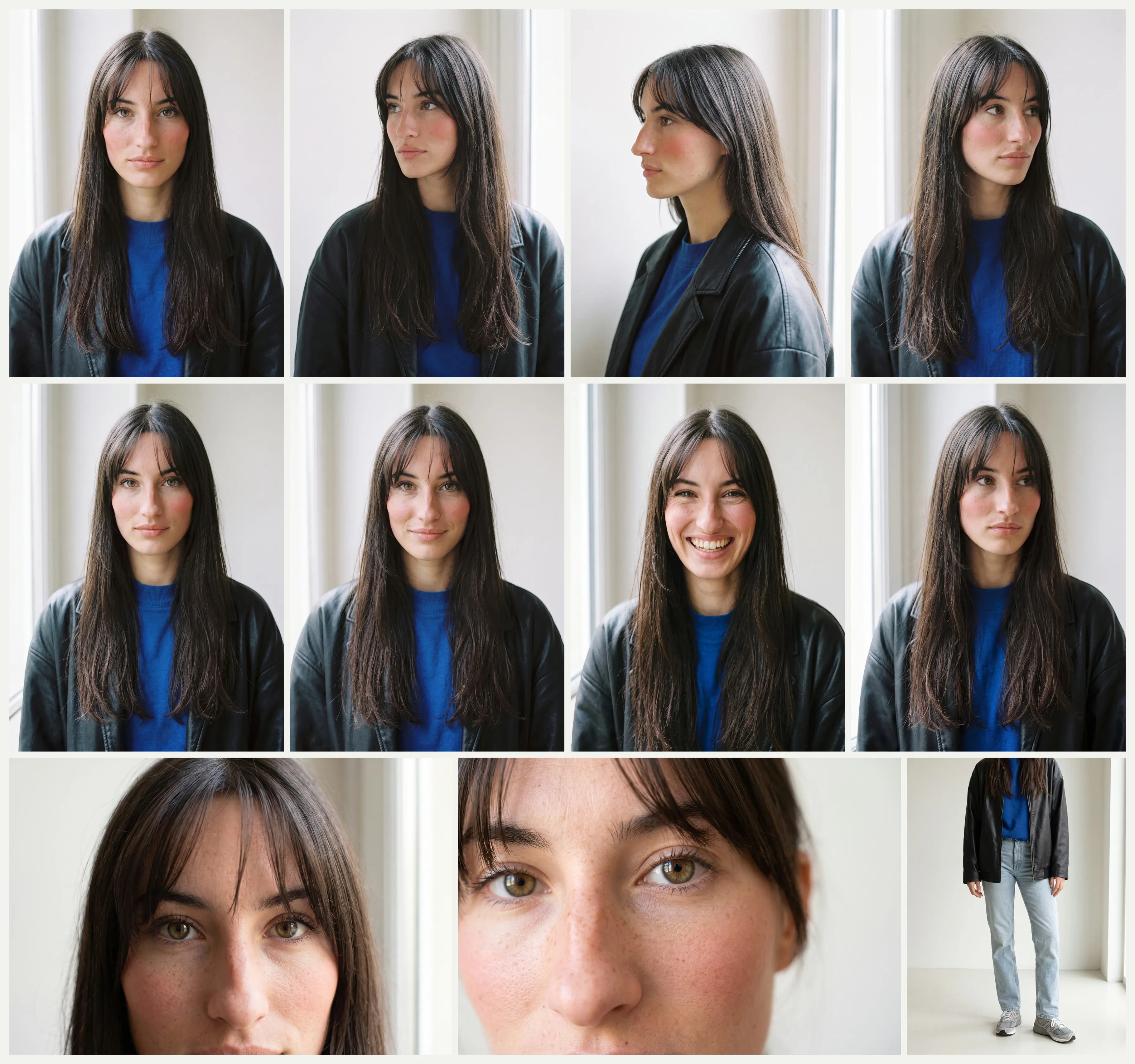 Model-Sheet von Lune, oben ihr Kopf von vorn bis ins Profil, darunter vier Ausdrücke bis zum Lachen, unten Nahaufnahmen und ihr Outfit, KI-generiert