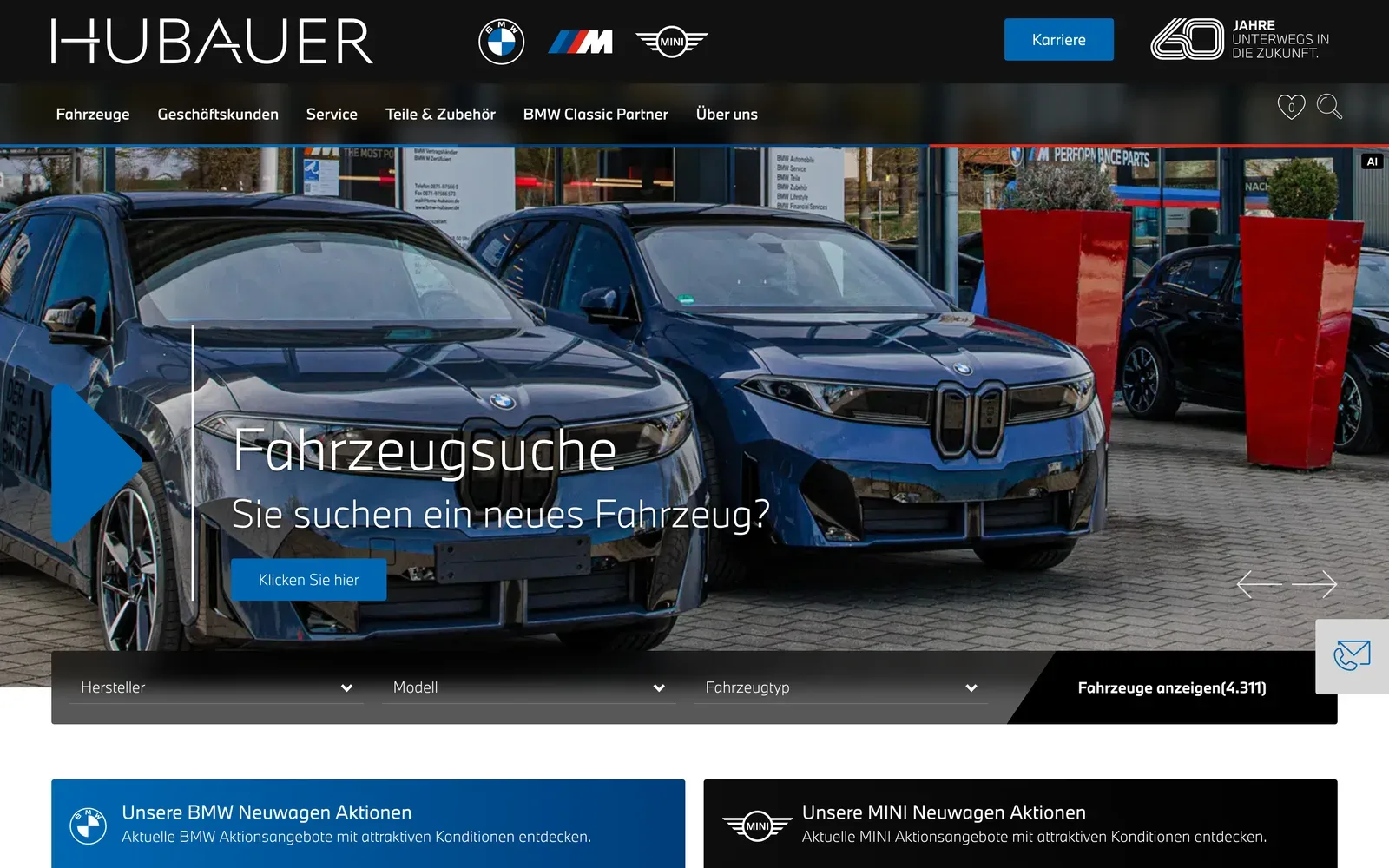 Startseite des Autohaus Hubauer mit BMW-, M- und MINI-Logo im Kopf, einem Foto vom Hof und der Fahrzeugsuche über dem Bestand