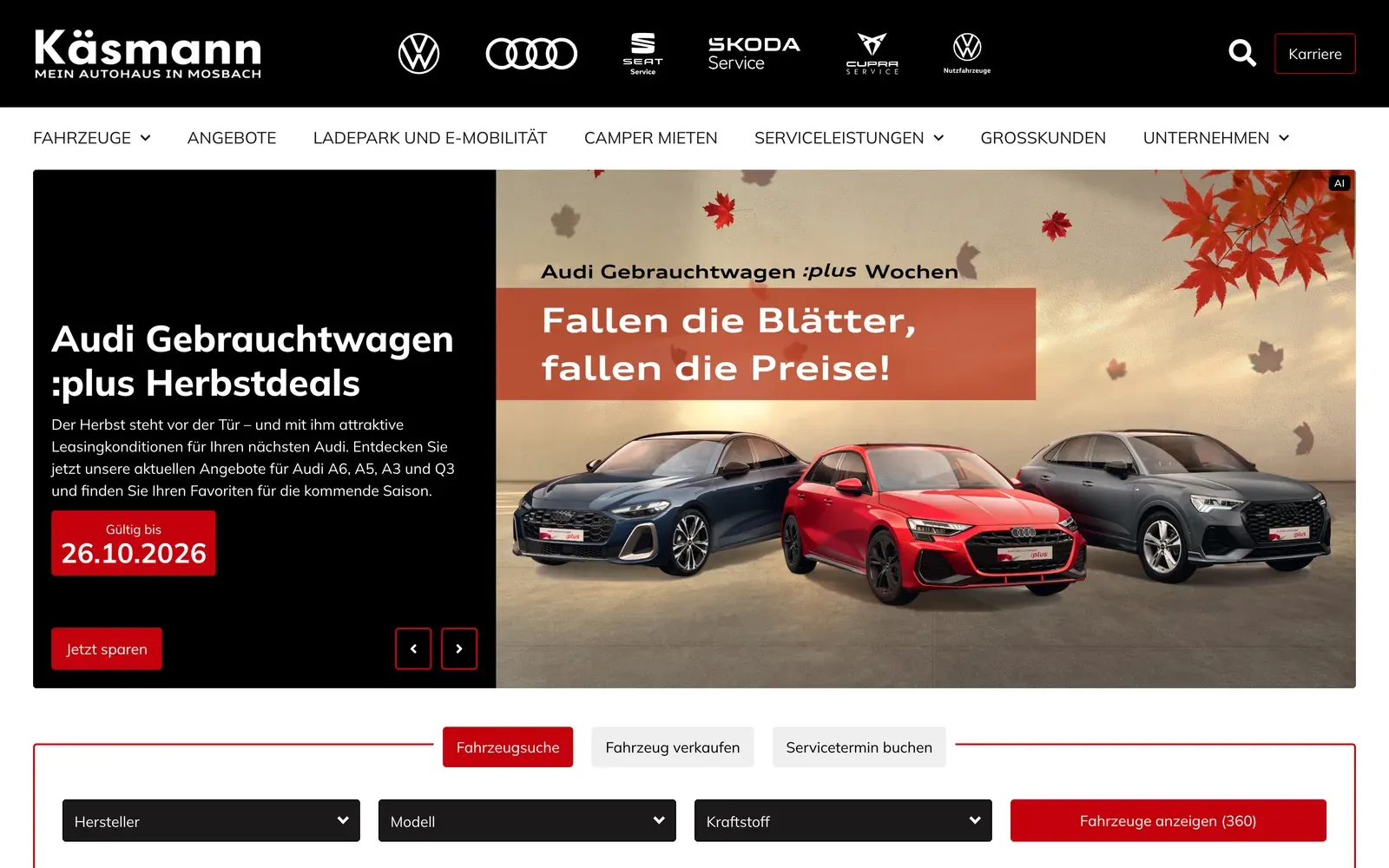 Startseite des Autohaus Käsmann mit Markenleiste im Kopf, Aktions-Slider und der Fahrzeugsuche