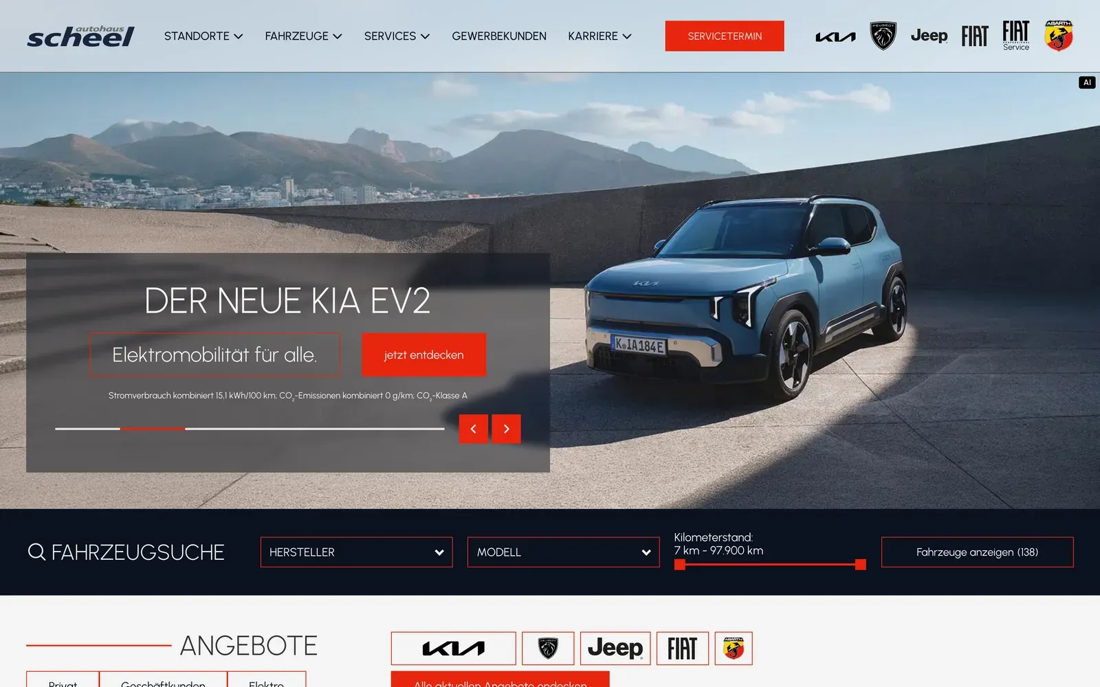 Startseite des Autohaus Scheel mit Markenleiste im Kopf, Aktions-Slider und der Fahrzeugsuche