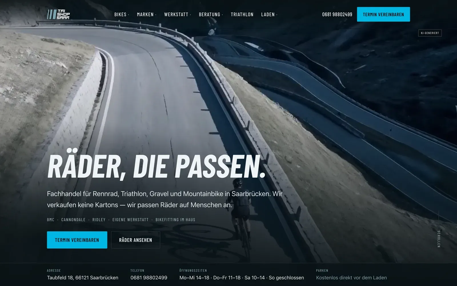 Startseite von Tri-Shop Saar mit Vollbild-Motiv einer Passstraße und der Headline „Räder, die passen"