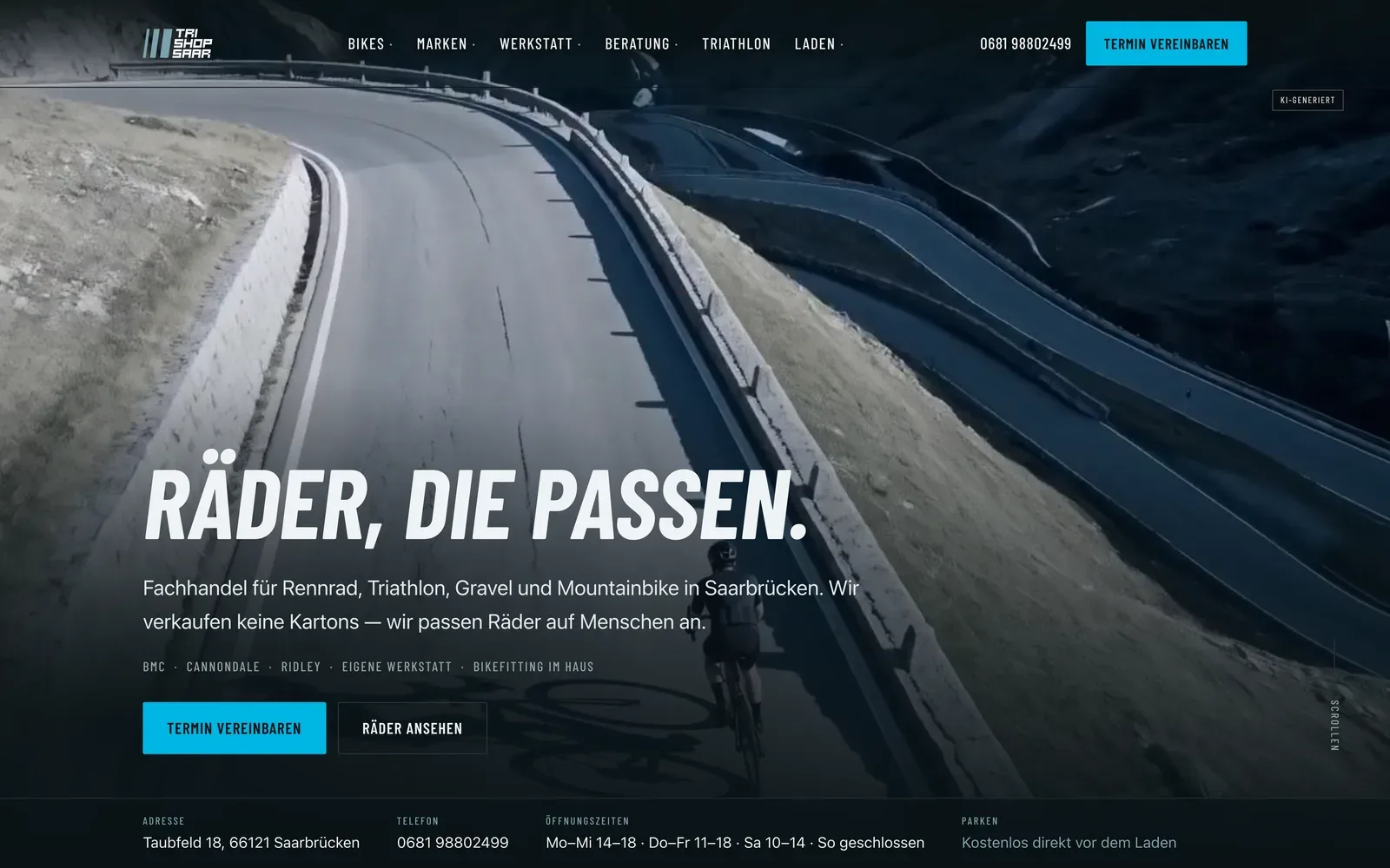 Startseite von Tri-Shop Saar mit Vollbild-Motiv einer Passstraße und der Headline „Räder, die passen"