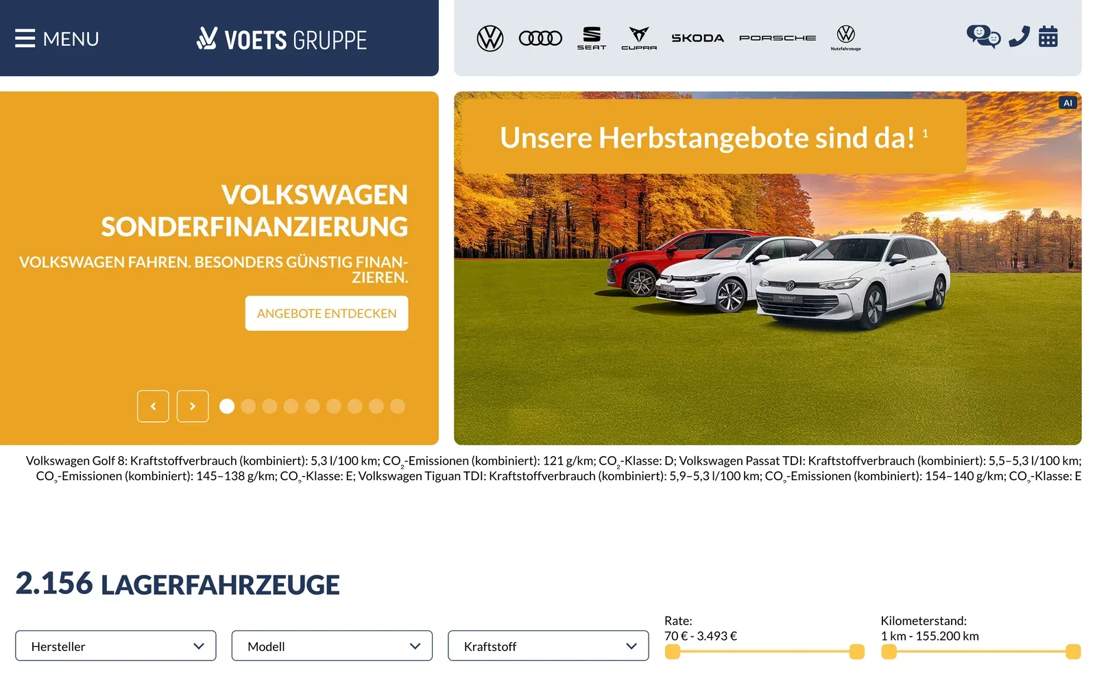 Startseite der Voets Gruppe mit Markenleiste, Angebots-Slider und der Fahrzeugsuche über dem Bestand