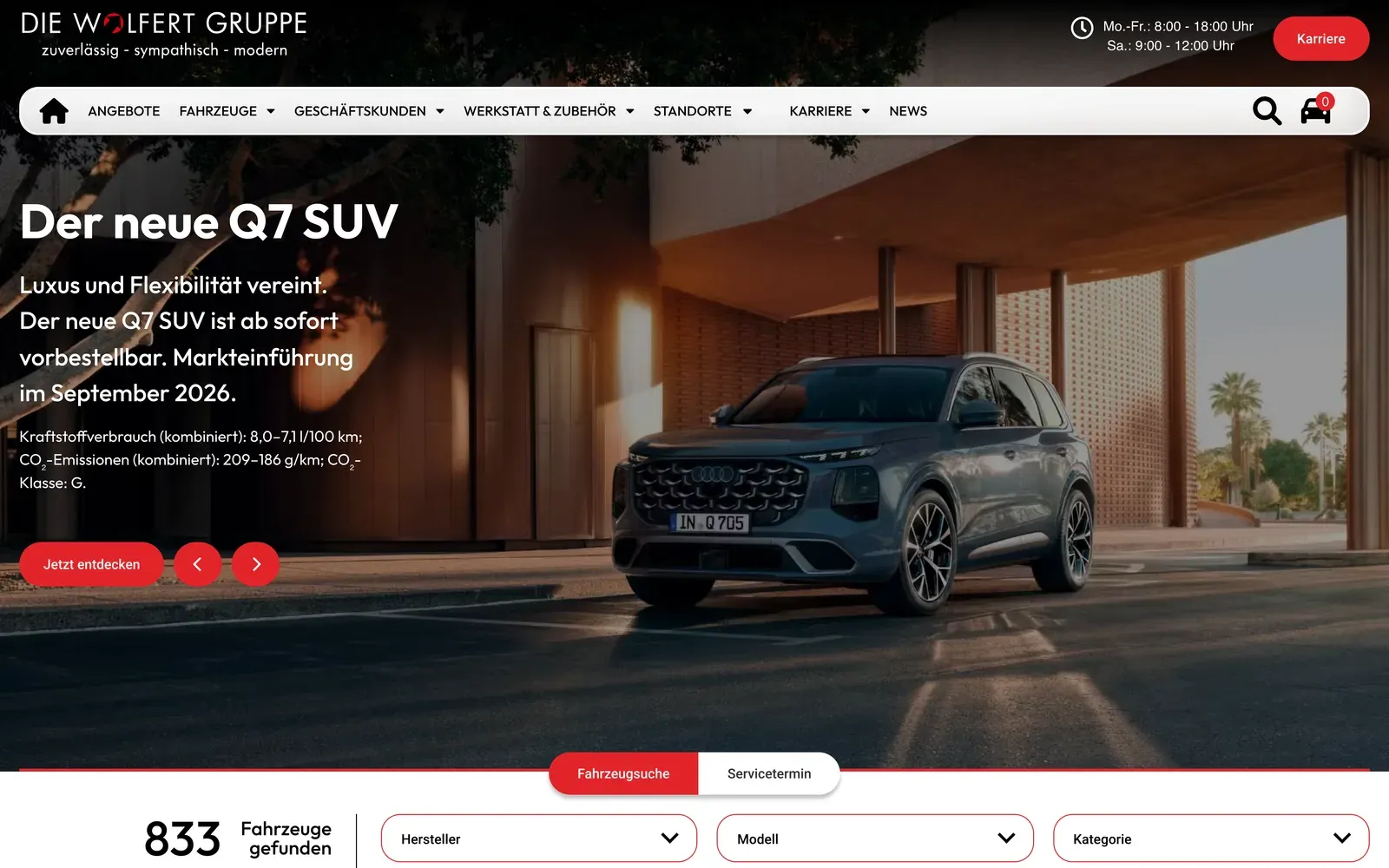 Startseite der Wolfert Gruppe mit großflächigem Modell-Slider und der Fahrzeugsuche am unteren Rand