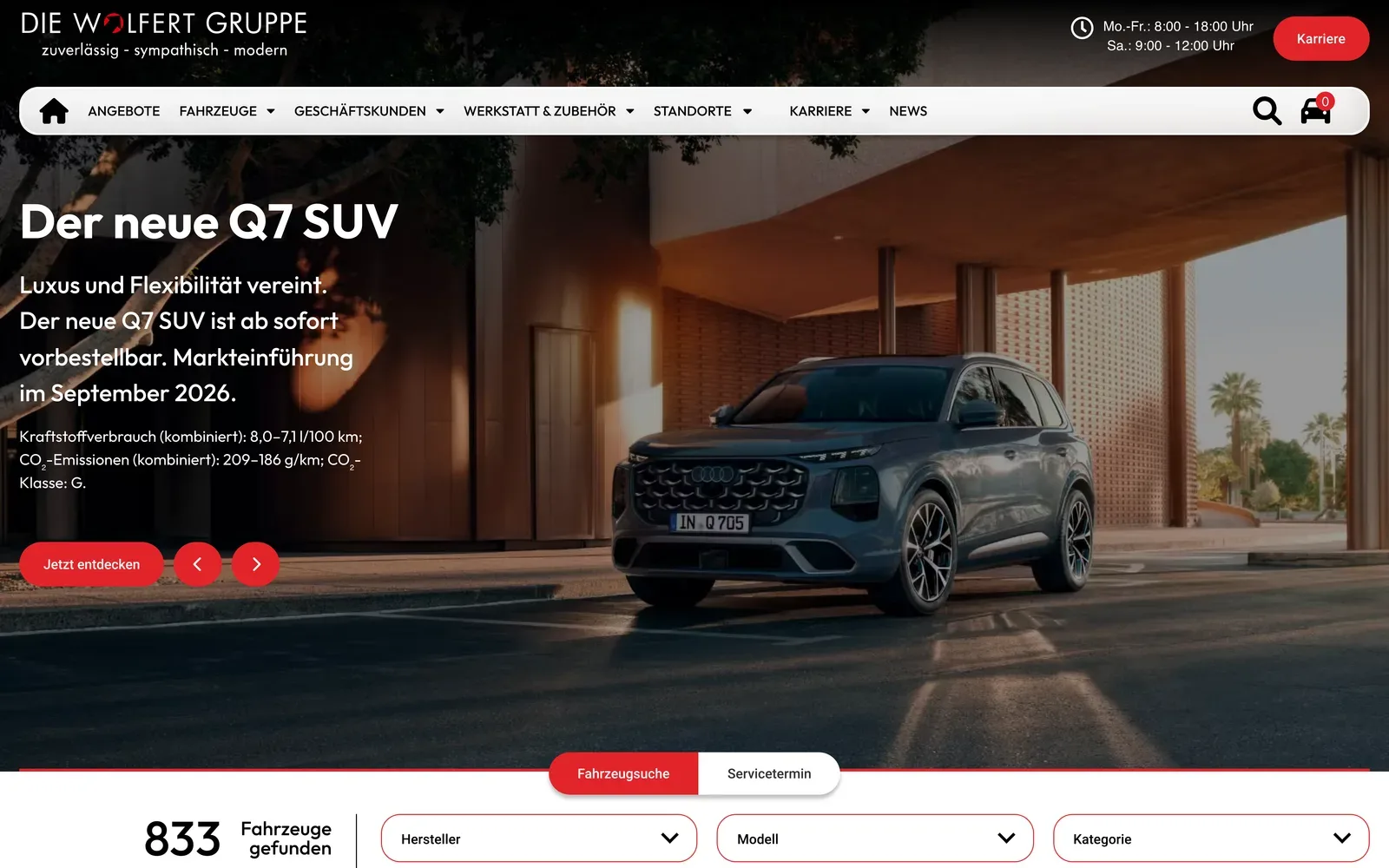 Startseite der Wolfert Gruppe mit großflächigem Modell-Slider und der Fahrzeugsuche am unteren Rand