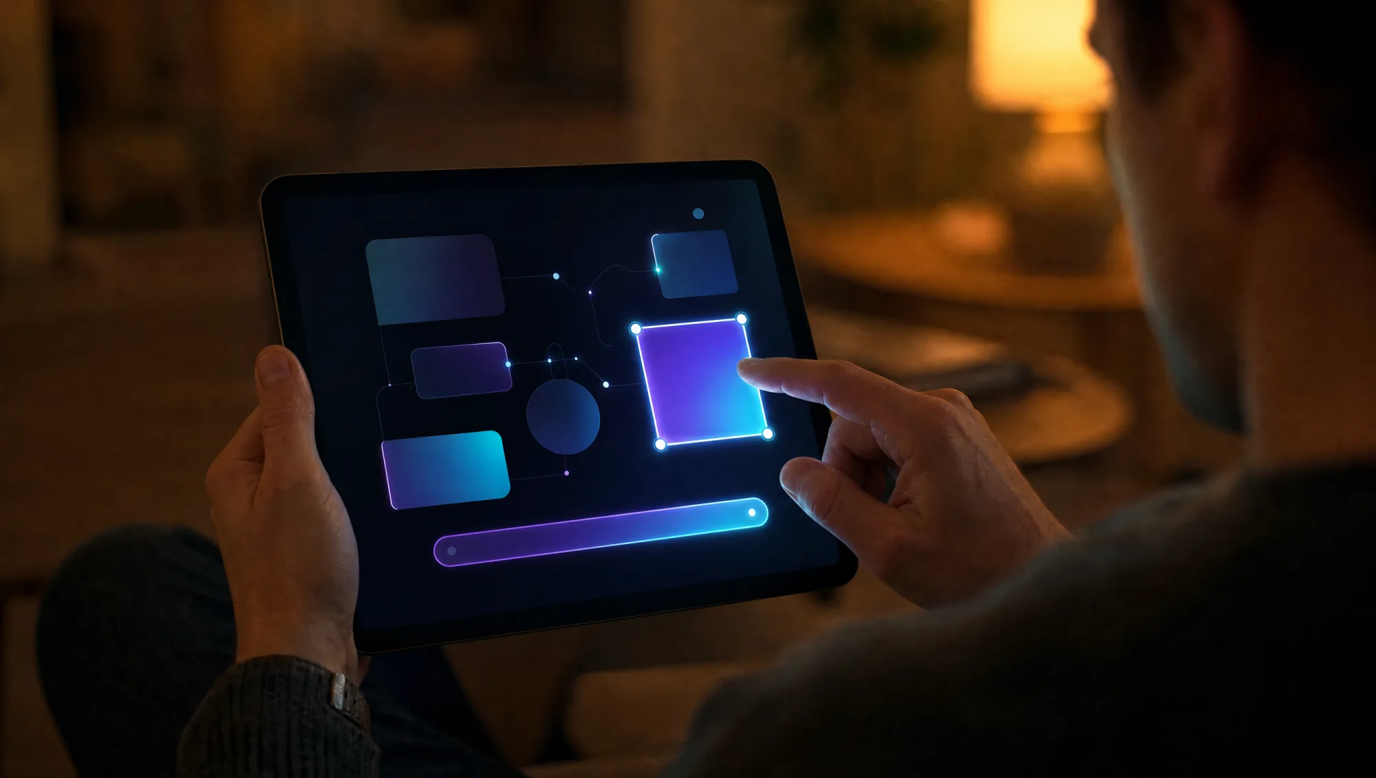 Über-Schulter-Blick auf ein Tablet, auf dem eine Autohaus-Website direkt per Touch und Prompt bearbeitet wird